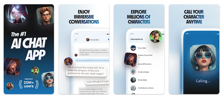 Character AI Android App on Google Play Store – Ai Chat App, Talk, Text with AI bots. 10M+ downloads and 4.5 star rating.