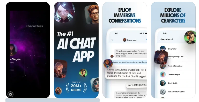 Character AI ios app on Apple App Store – Chat, Talk, and Text with AI chatbots.