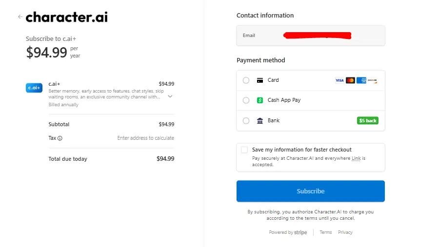 Character.AI Plus pricing page showing yearly plan, c.ai+ premium features, and $7.92 monthly subscription.