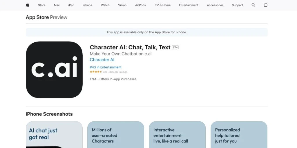 Character AI ios app on Apple App Store – Chat, Talk, and Text with AI chatbots, rated 4.6 stars in Entertainment category