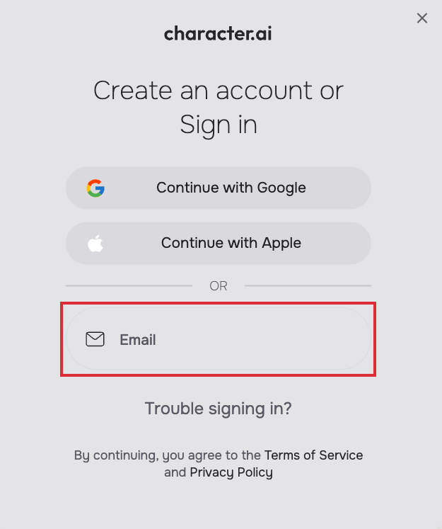 Character AI login screen showing new sign-in options with Google, Apple, and email verification button highlighted.