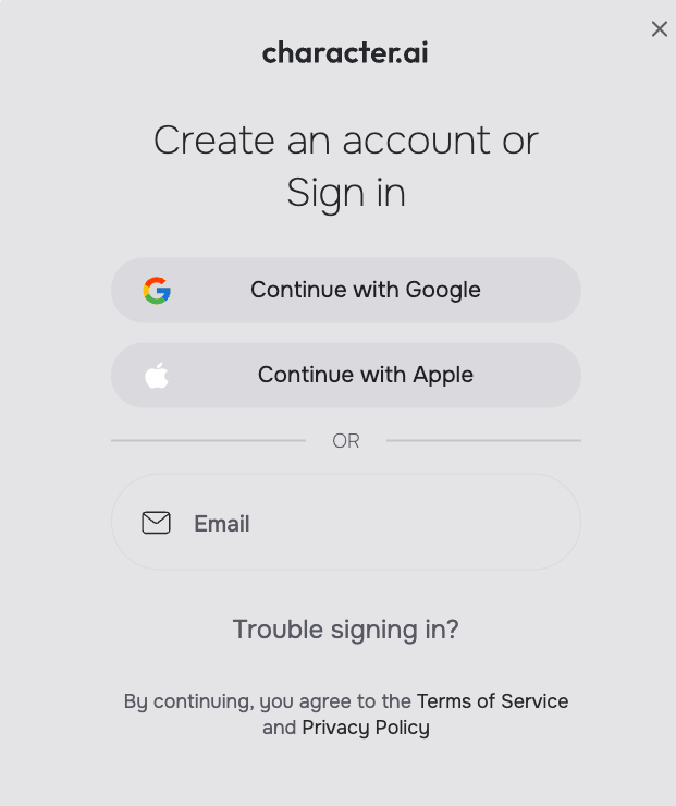 Character AI login screen showing new sign-in options with Google, Apple, and email verification button highlighted.